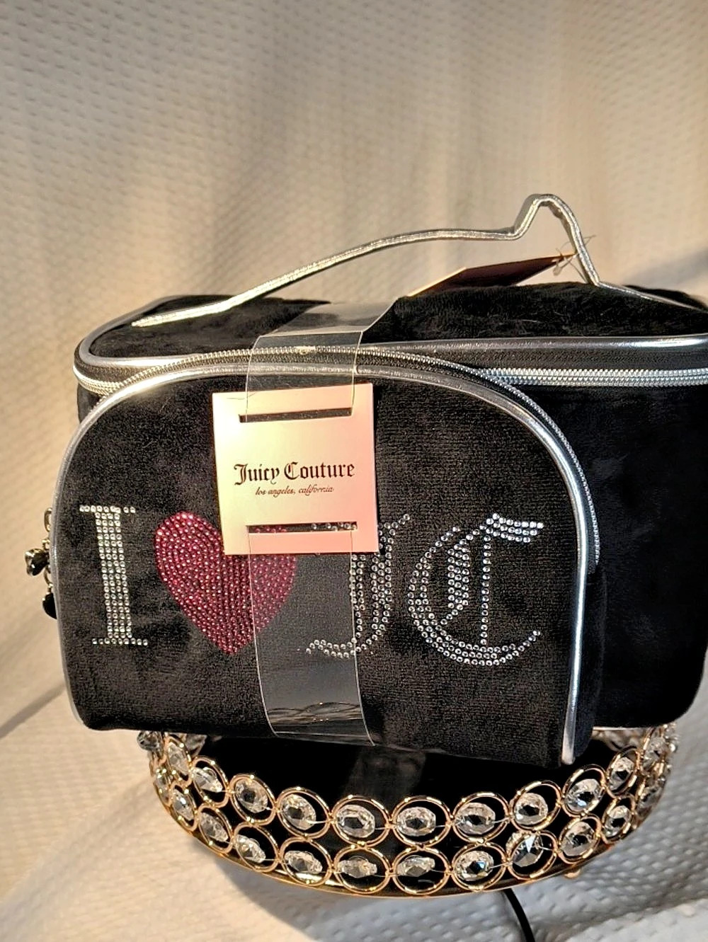 Juicy Couture Black Velour Rhinestone Logo Train Case & Cosmetic Bag, Bottle